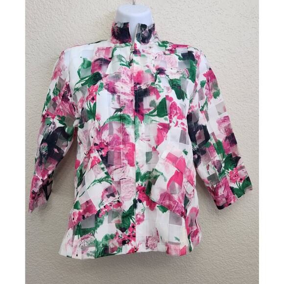 VTG Erin London Pink Green Floral Sheer Full Zip Blazer PS Lightweight Pockets - Picture 1 of 7